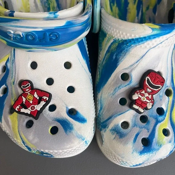 Crocs Kids Classic Marble Clog Blue/Lime/White Dye Power Ranger Jibbitz Size 10C - Picture 12 of 13